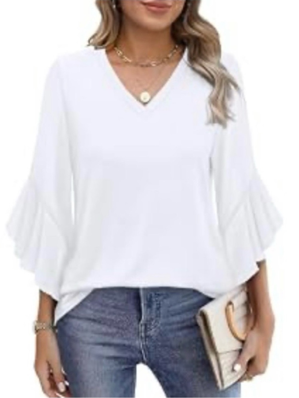 White V-Neck Ruffle Sleeve Top
